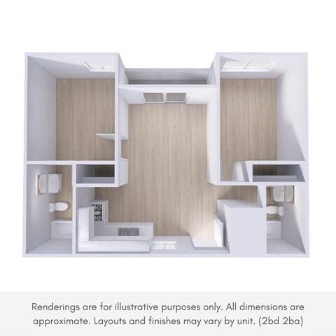 A 3D rendering of a modern, minimalist apartment layout.